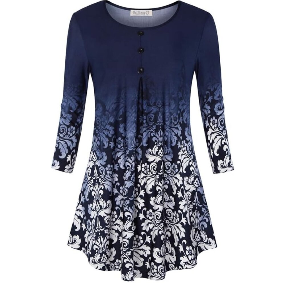 ✨ BAISHENGGT 3/4 Sleeve Pleated Tunic – Dark Blue Floral,  Size XXL✨